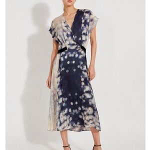 Creatures of Comfort Silk Bokeh Print V-Neck Midi Dress Blue Cream Size Small